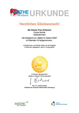 Urkunde für die Klasse von Frau Schwarze für die Teilnahme bei Mathematik im Advent