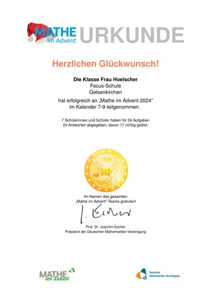 Urkunde für die Klasse von Frau Hölscher für die Teilnahme an Mathematik im Advent