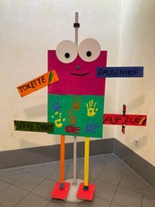 Wegweiser mit Augen, Mund und Nase: Toilette, Sekretariat, Pausenhof, Aufzug